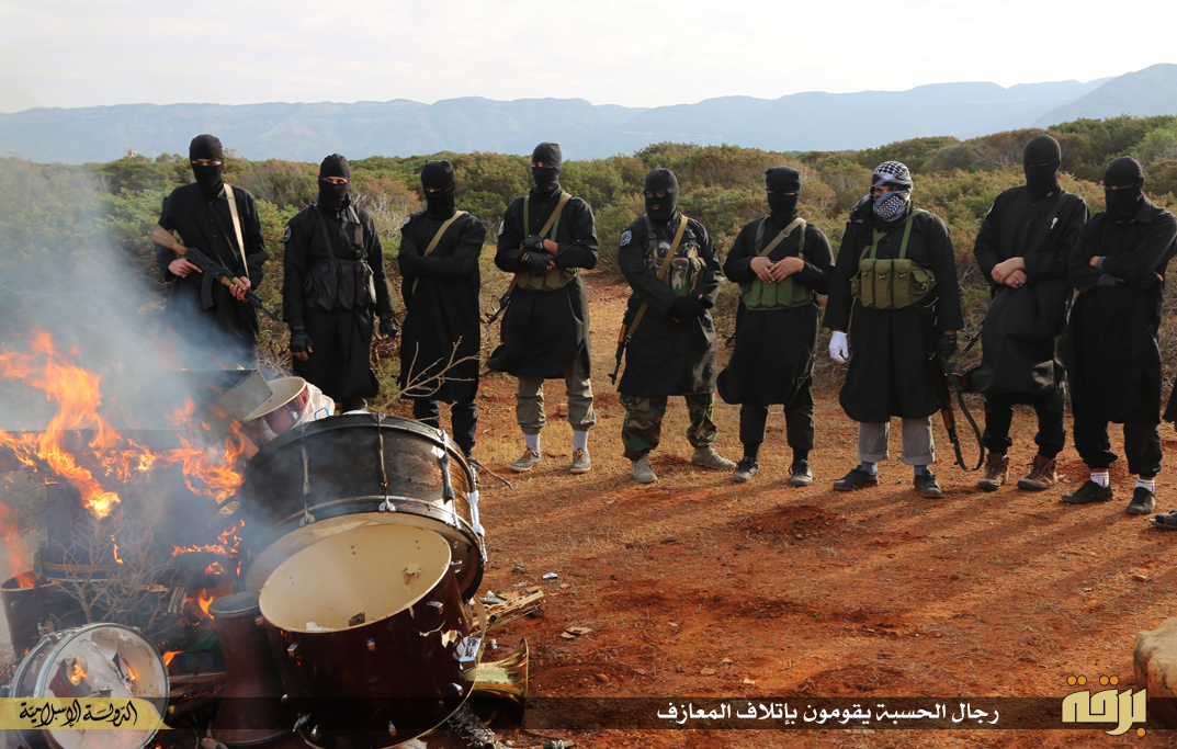 Isis Libya burn musical instruments