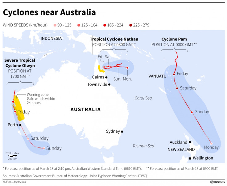 Map of Cyclones Pam, Olwyn and Nathan