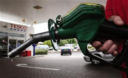 A petrol pump is seen at Tesco's in Leeds, northern England
