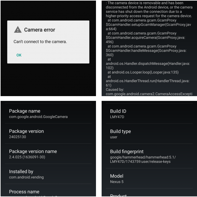 Nexus 5 camera crashing bug