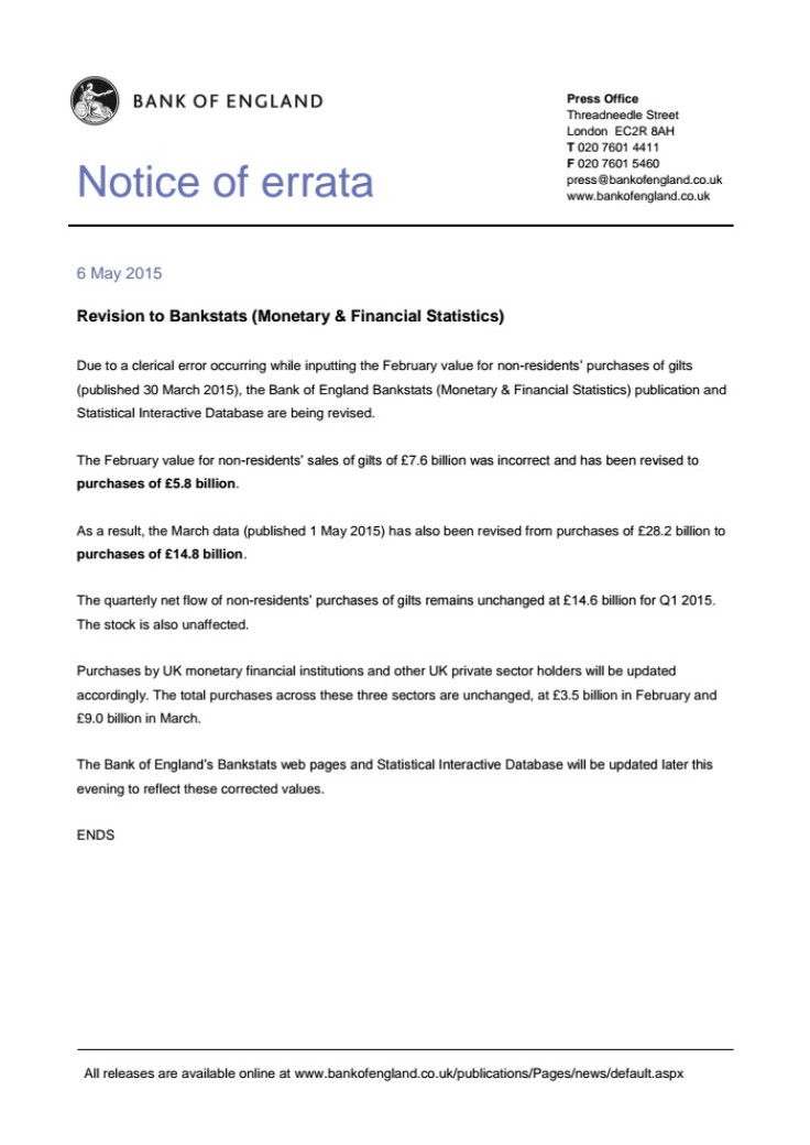 Bank of England Notice of Errata