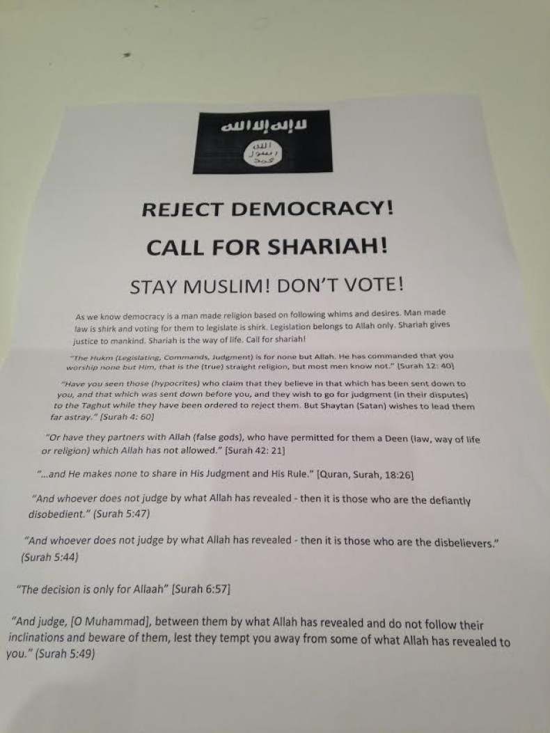 Reject democracy Muslim leaflet