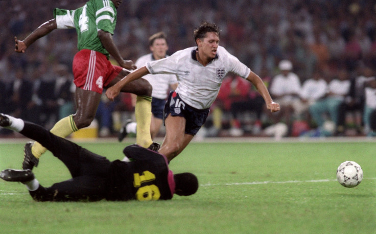 Gary Lineker is tripped in Cameroon match