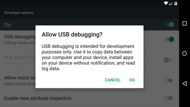 ADB USB Debugging prompt