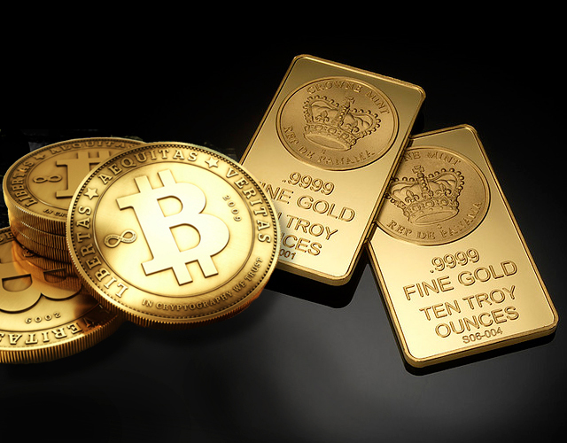 bitcoin and gold bars