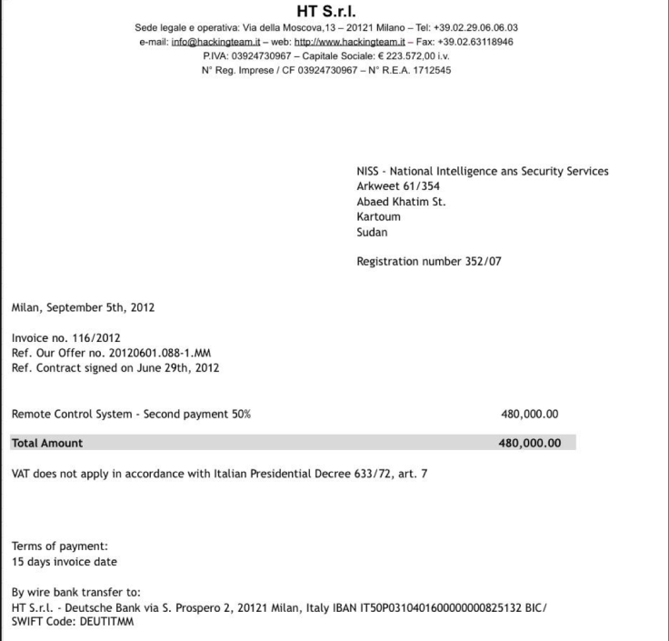 Hacking Team Sudan Invoice