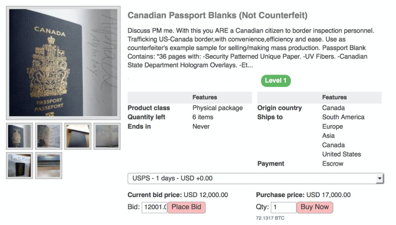 Blank Canadian passport on dark web