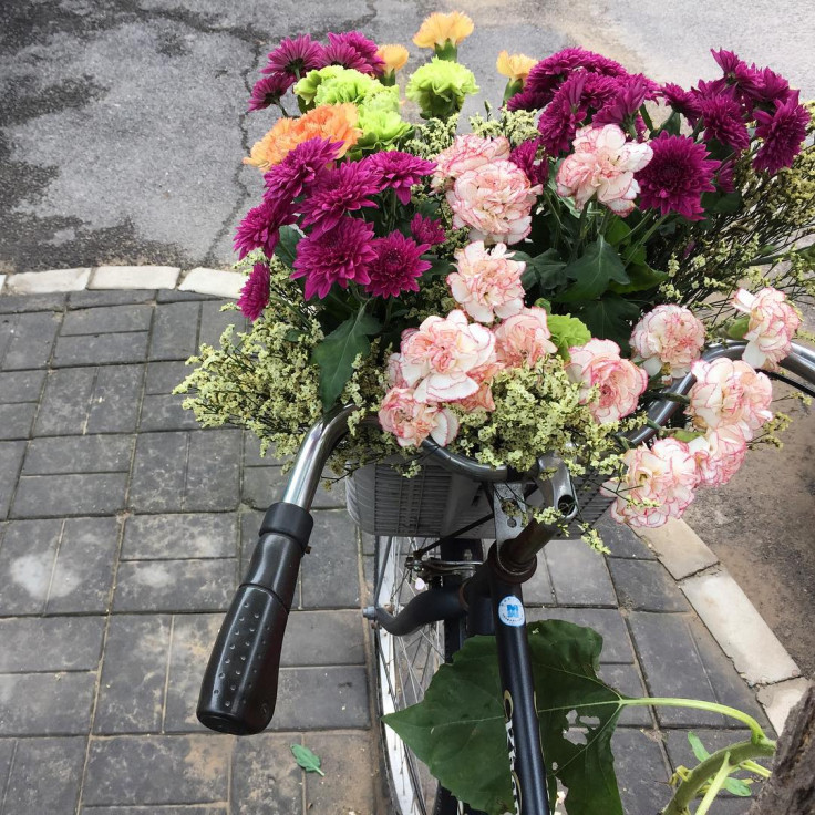 The basket of flowers outside his house