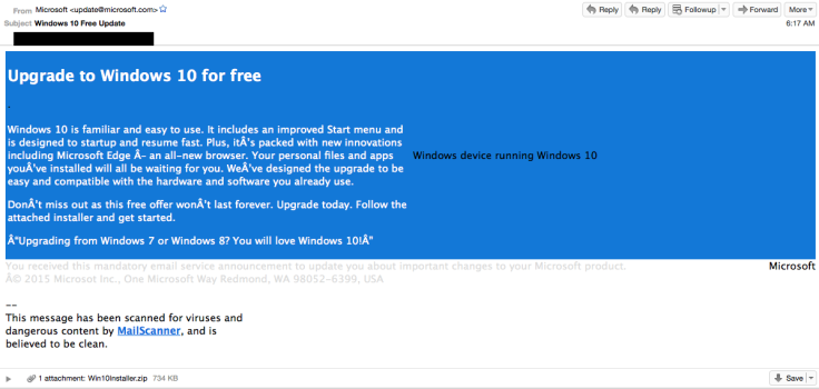 Windows 10 spam emails