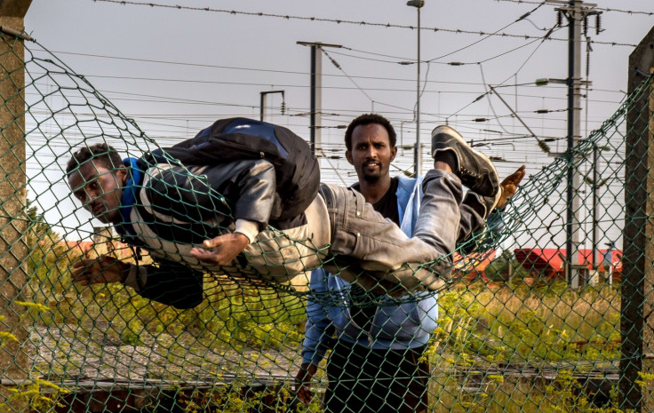 Migrants climb over fences