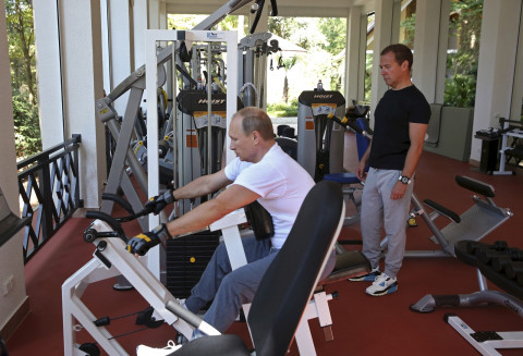 Putin and Medvedev in gym