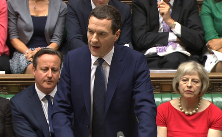 Chancellor of the Exchequer George Osborne (C), flanked by PM David Cameron (R) and Home Secretary Theresa May