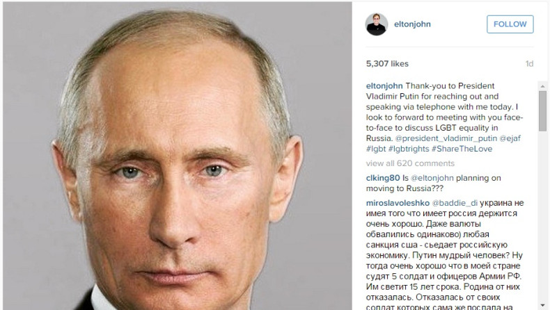 Elton John's Instagram post on Vladimir Putin