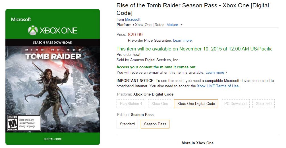 rise of the tomb raider season pass [online game code] prices