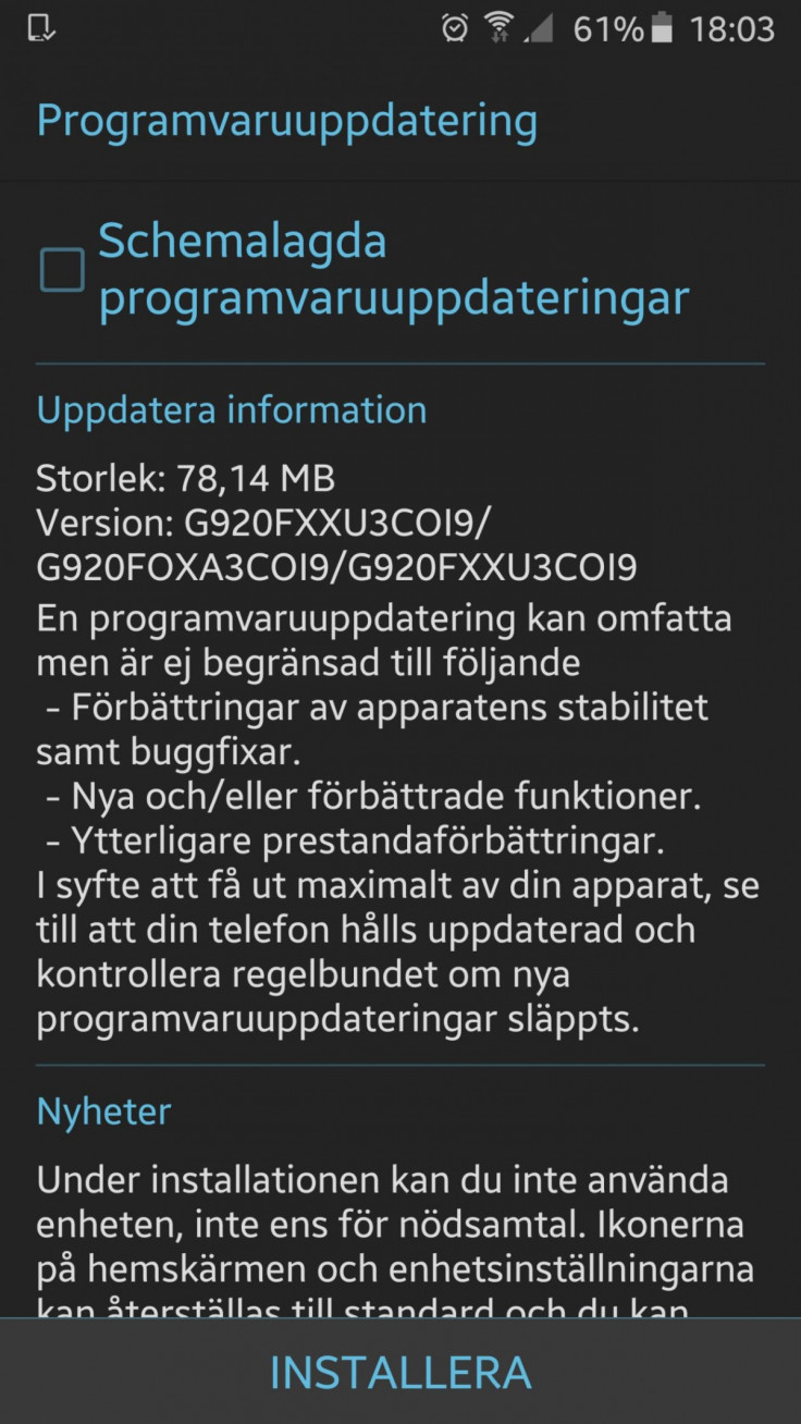 New Galaxy S6 update: G920FXXU3COI9 