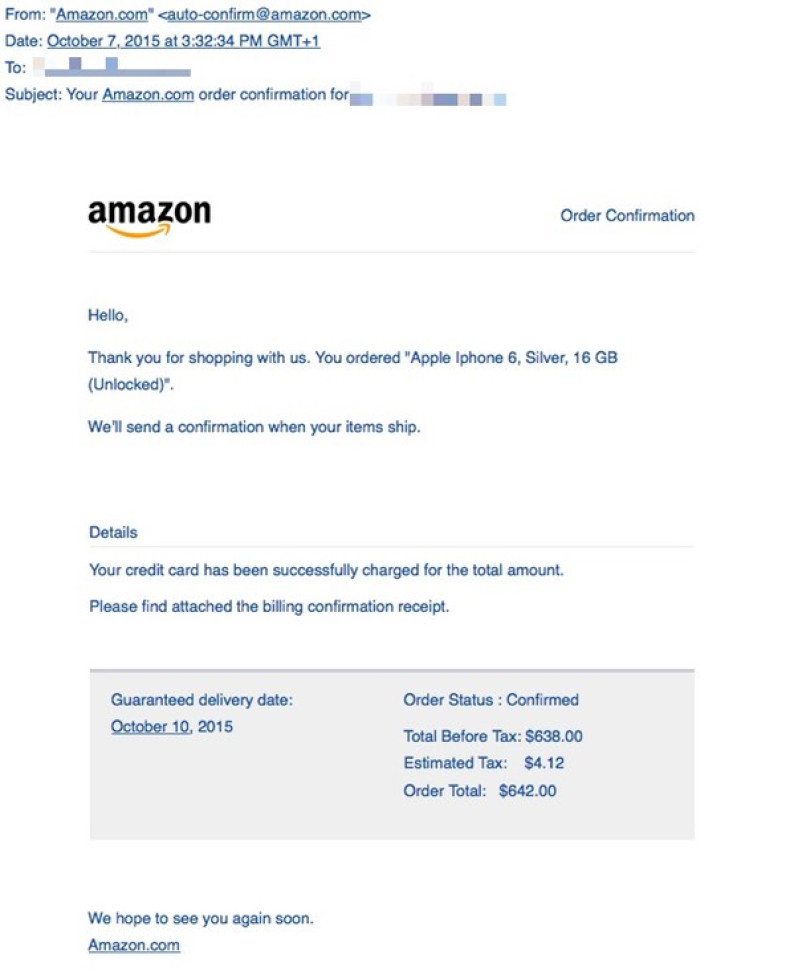 Amazon spam email with malware attachment