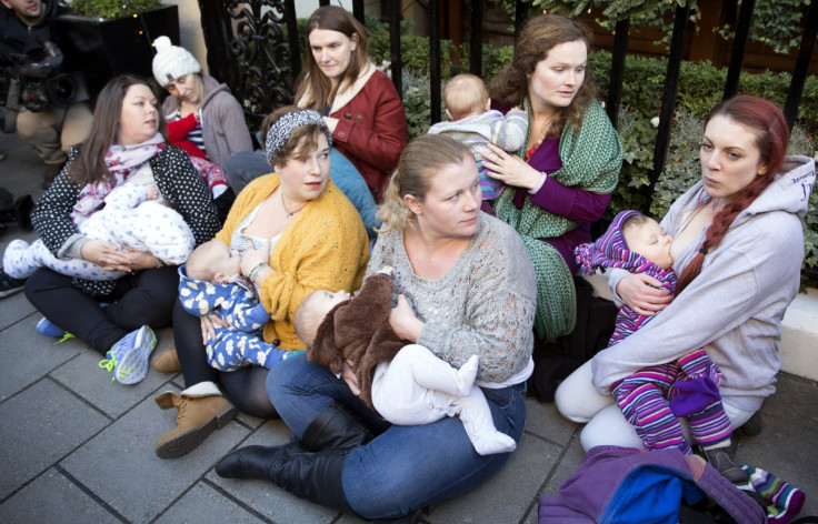 Women breastfeed outside Claridge's hotel in London