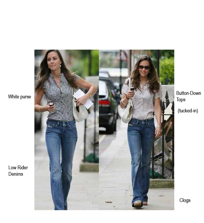 Kate Middleton in denim low-riders and button down-blouse.