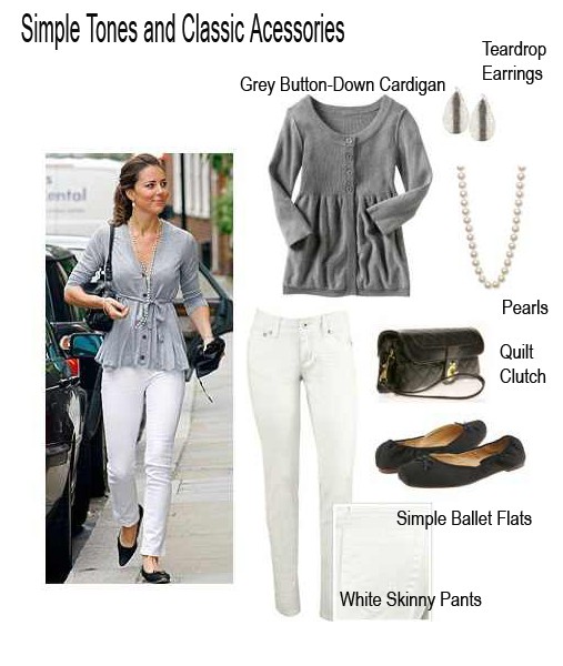 Kate Middleton in a grey cardigan, white pants, ballet flats and a white purse
