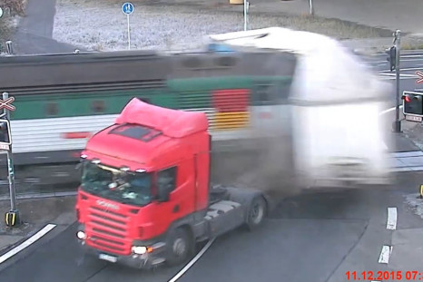 Truck destroyed by train in Prague