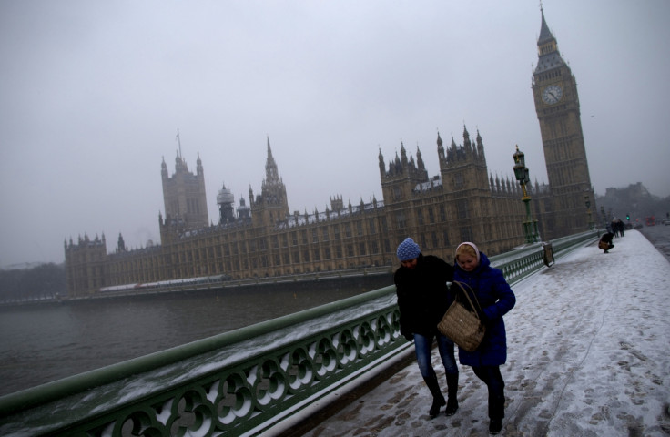 Snow outside the Palace of Westminster
