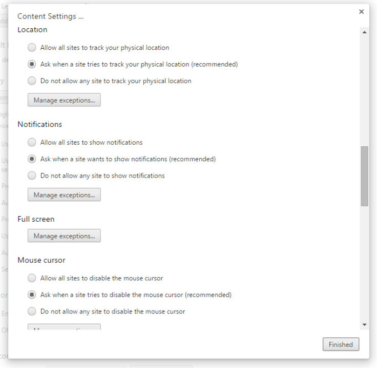 Content Settings menu in Google Chrome