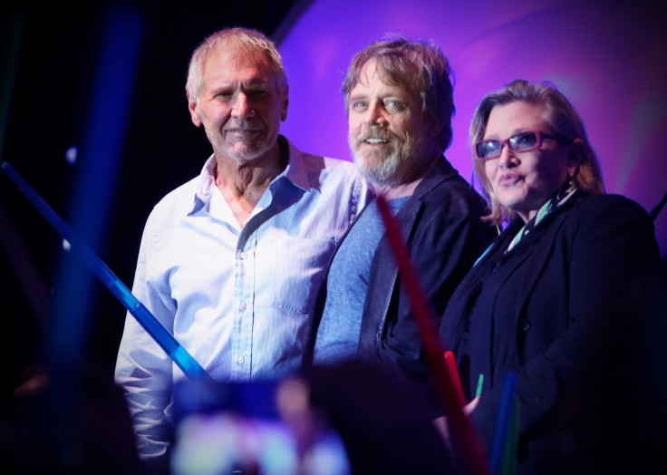 Actors Harrison Ford, Mark Hamill, Carrie Fisher