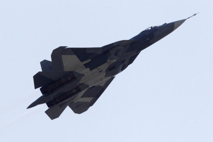 A Sukhoi T-50 flies during a display at the opening of the MAKS International Aviation and Space Salon at Zhukovsky airport.