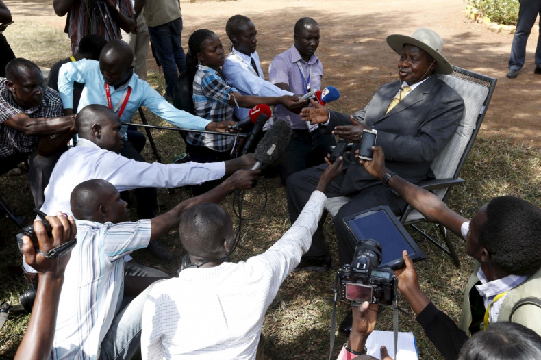 Uganda's Museveni speaks to press after voting