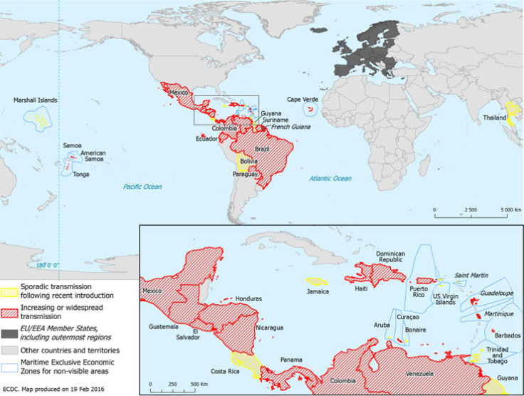 Countries reporting Zika virus infections Dec-Feb