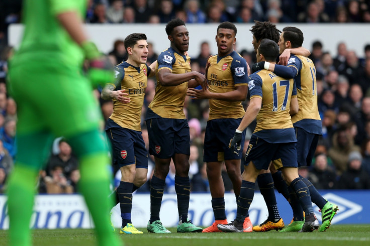 Arsenal players celebrate their goal