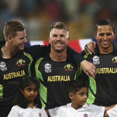 The Aussie players laugh during the anthems