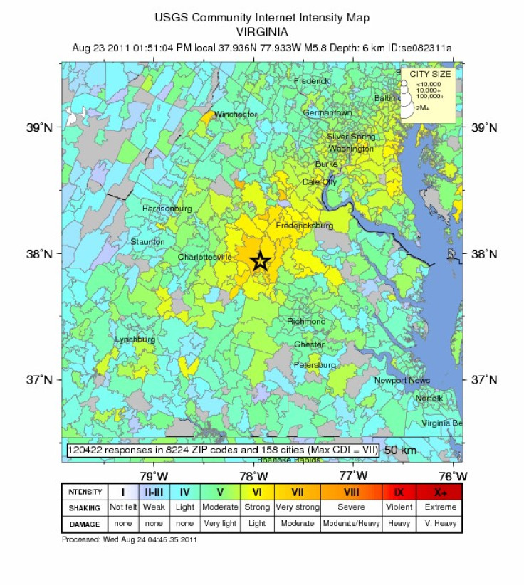Intensity Map of the Magnitude 5.8 Virginia 2011 August 23 Earthquake. Credit: USGS