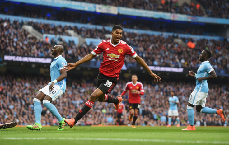 Marcus Rashford celebrates scoring against Manchester City