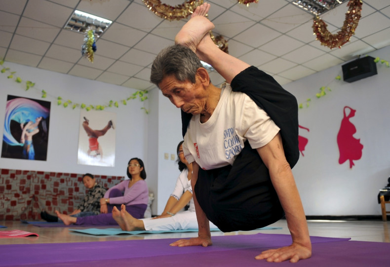 84-year-old retired worker, practices yoga