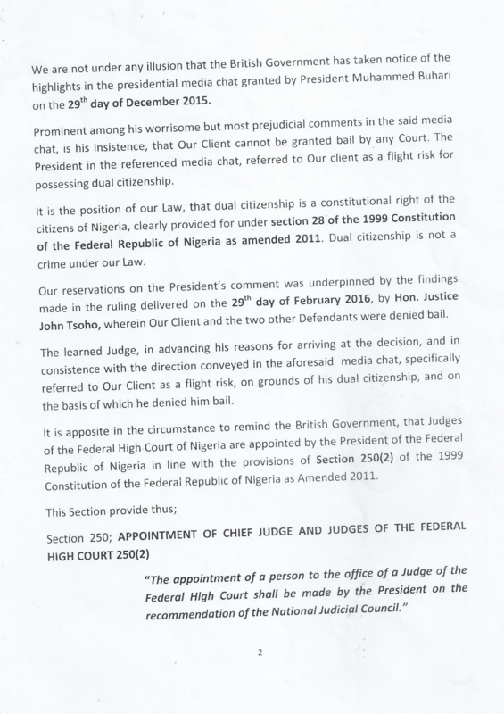 Ifeanyi Ejiofors letter to British High Commission