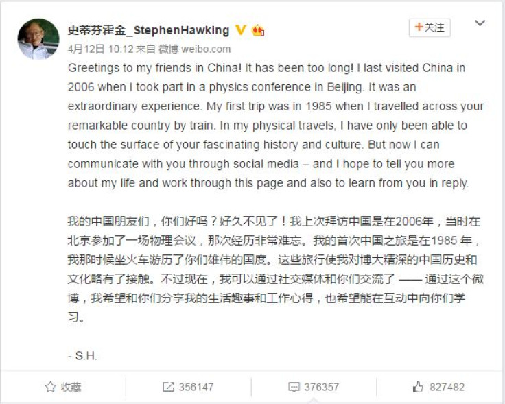 Stephen Hawking joins Weibo