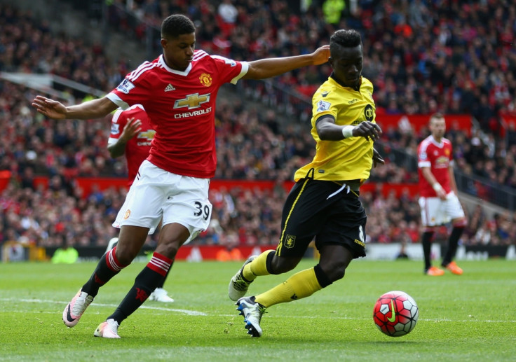 Marcus Rashford challenges for the ball