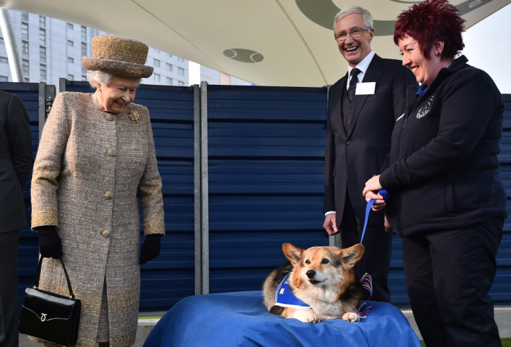 Queen looks at a Corgi