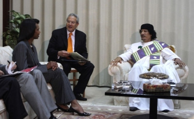 Video grab of Libyan leader Muammar Gaddafi welcoming U.S. Secretary of State Condoleezza Rice in a government compound in central Tripoli Video grab of Libyan leader Muammar Gaddafi welcoming U.S. Secretary of State Condoleezza Rice in a government compound in central Tripoli