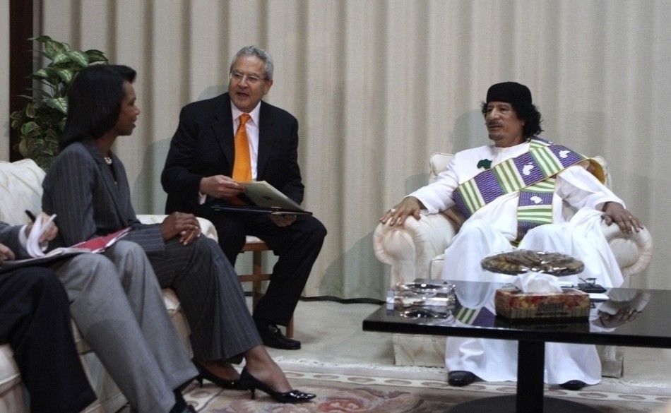 Video grab of Libyan leader Muammar Gaddafi welcoming U.S. Secretary of State Condoleezza Rice in a government compound in central Tripoli