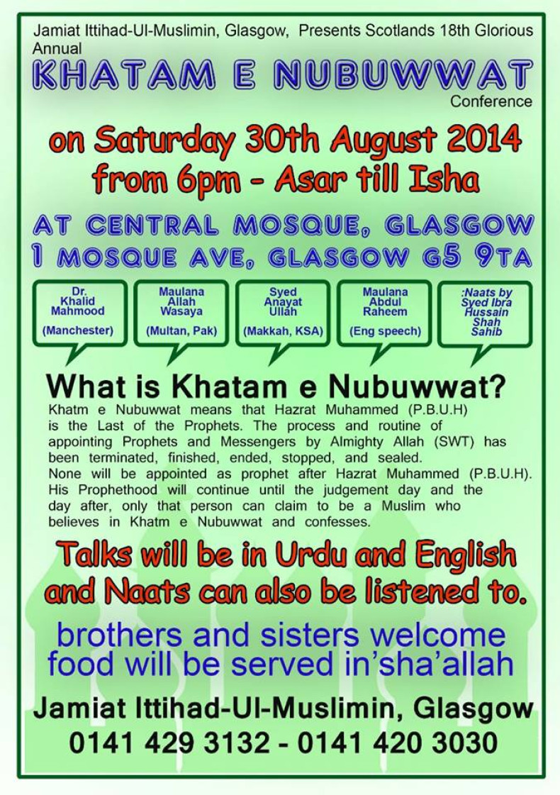 Poster for the 2014 Khatme Nubuwwat conferenceinGlasgow