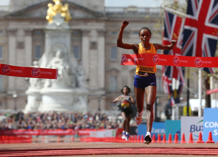 Jemima Sumgong crosses the finish line