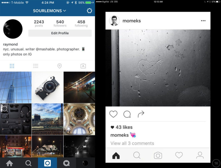 Instagram screenshots show new black and white design layout being tested out