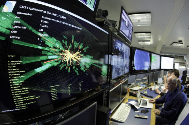 A graphic showing a collision at full power is pictured at the Compact Muon Solenoid (CMS) experience control room of the Large Hadron Collider (LHC) at the European Organisation for Nuclear Research (CERN) in Meyrin, near Geneva March 30, 2010. Scientist