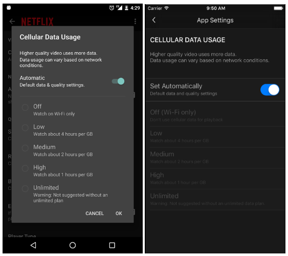 Netflix data controls for mobile streaming