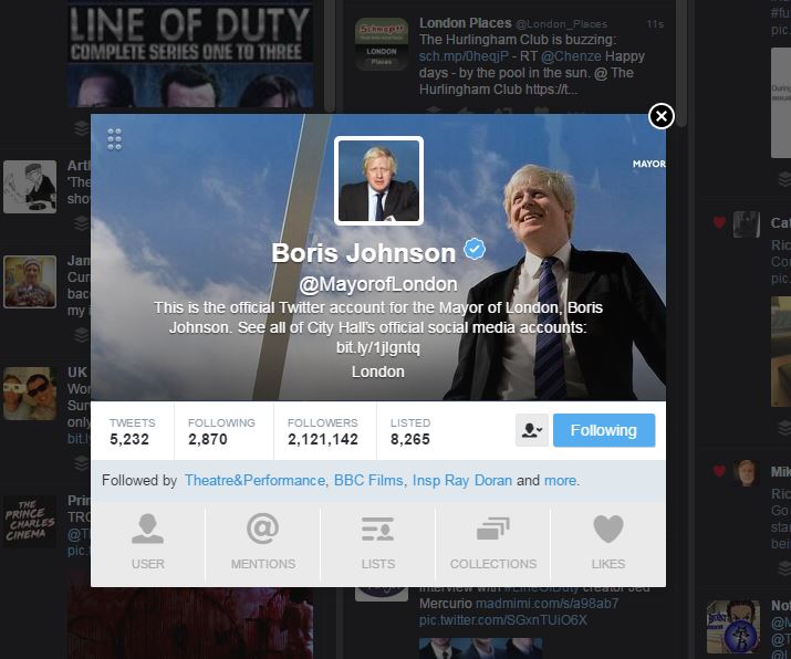 Mayor of London Boris Johnson Twitter