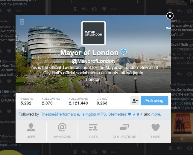 Mayor of London Twitter acccount May 2016