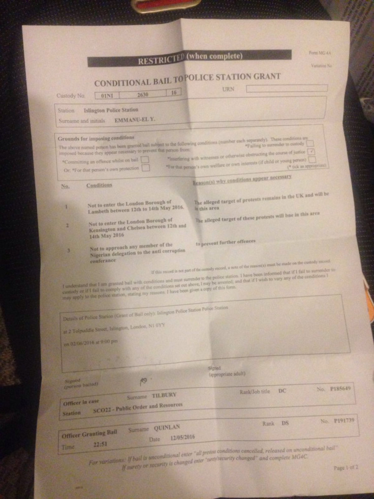 Conditional bail document for Immanuel Yaghozie