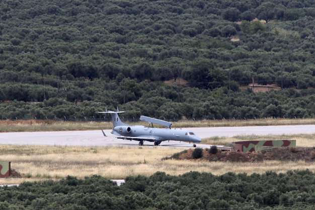 A Hellenic Air Force Erieye EMB-145H AEW&C aircraft A Hellenic Air Force Erieye EMB-145H AEW&C aircraft